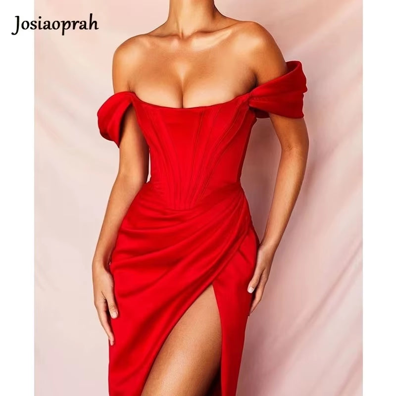 Josiaoprah off Shoulder Sexy Split Corset Satin Dress Fashion 2021 Summer Strapless Bodycon Dress Women Party Night Club Dress