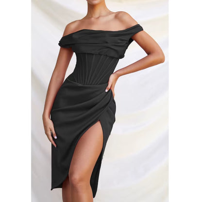 Josiaoprah off Shoulder Sexy Split Corset Satin Dress Fashion 2021 Summer Strapless Bodycon Dress Women Party Night Club Dress