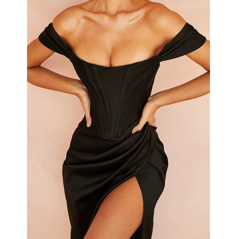 Josiaoprah off Shoulder Sexy Split Corset Satin Dress Fashion 2021 Summer Strapless Bodycon Dress Women Party Night Club Dress