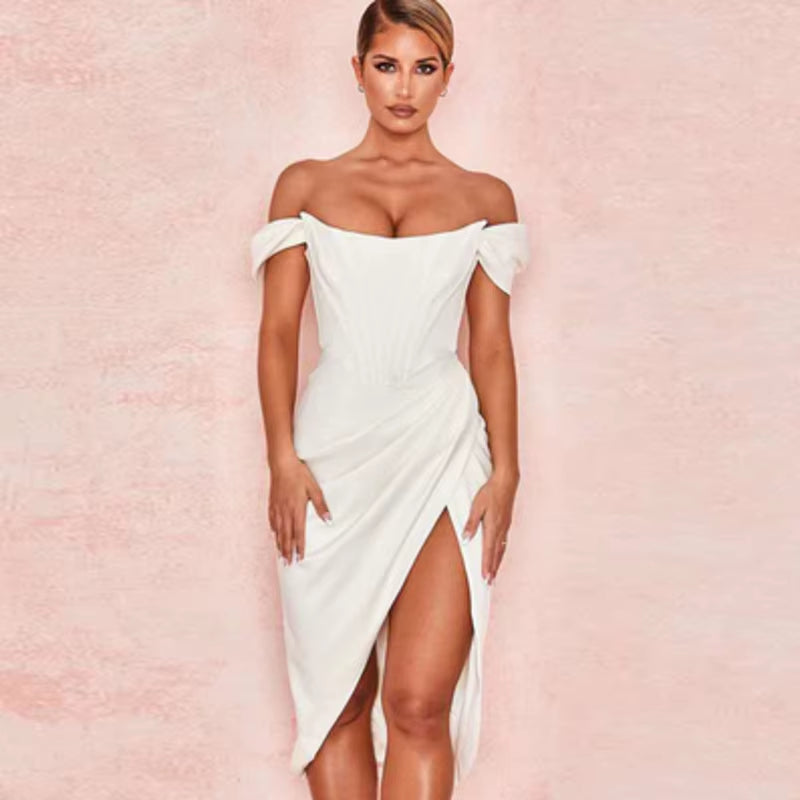 Josiaoprah off Shoulder Sexy Split Corset Satin Dress Fashion 2021 Summer Strapless Bodycon Dress Women Party Night Club Dress