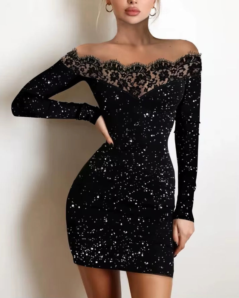 2025 Spring Plain Black off Shoulder Long Sleeve Contrast Lace Glitter Bodycon Mini Dress