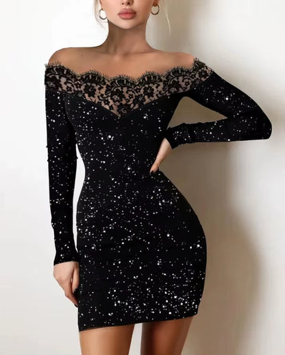 2025 Spring Plain Black off Shoulder Long Sleeve Contrast Lace Glitter Bodycon Mini Dress