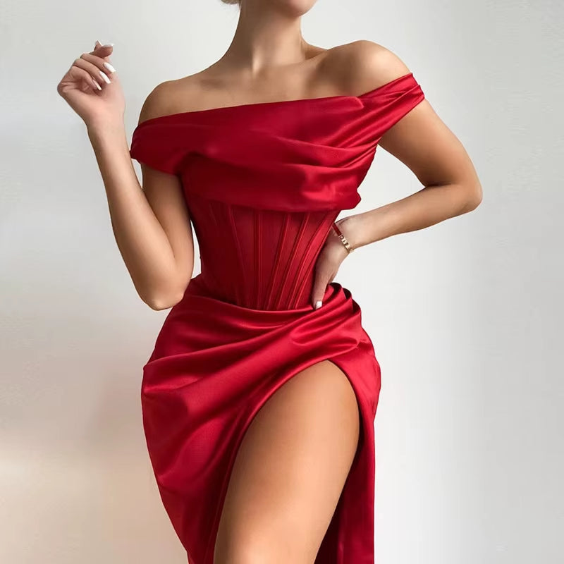 Josiaoprah off Shoulder Sexy Split Corset Satin Dress Fashion 2021 Summer Strapless Bodycon Dress Women Party Night Club Dress