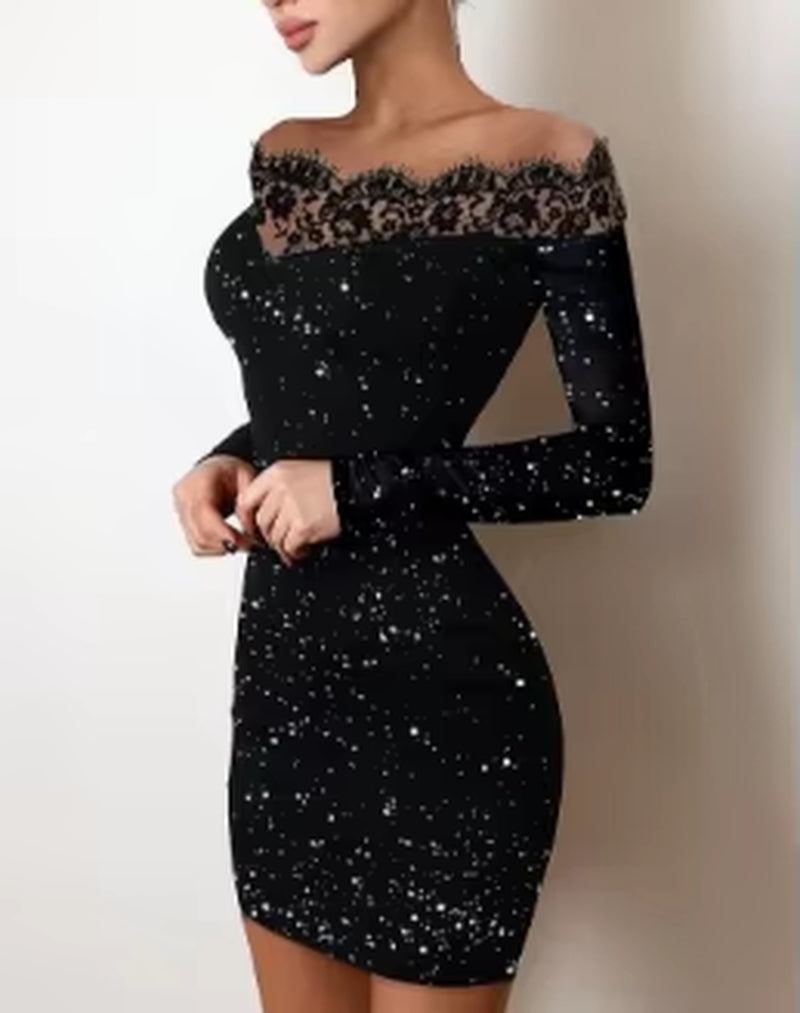 2025 Spring Plain Black off Shoulder Long Sleeve Contrast Lace Glitter Bodycon Mini Dress