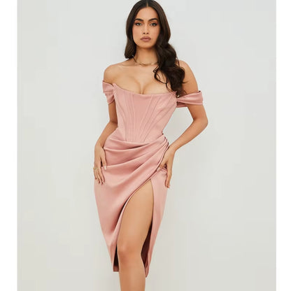 Josiaoprah off Shoulder Sexy Split Corset Satin Dress Fashion 2021 Summer Strapless Bodycon Dress Women Party Night Club Dress