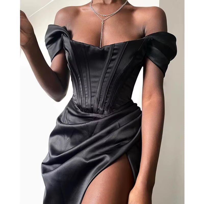 Josiaoprah off Shoulder Sexy Split Corset Satin Dress Fashion 2021 Summer Strapless Bodycon Dress Women Party Night Club Dress